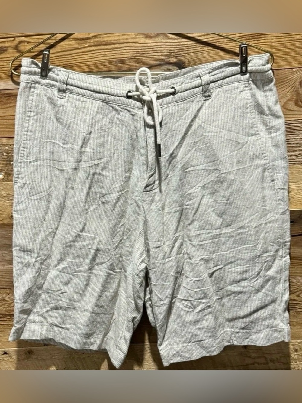 Calvin Klein linen blend shorts drawstring pockets beige green stripes office 30